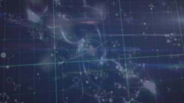 Animation of connections, data and icons over violet digital space. Global network, connections, communication, data processing and technology concept digitally generated video.
