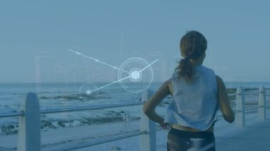 Afrikalı Amerikalı bir kadının koşması ile ilgili bağlantı ağının animasyonu. Dijital olarak oluşturulmuş küresel bağlantılar, veri işleme ve dijital arayüz kavramı.