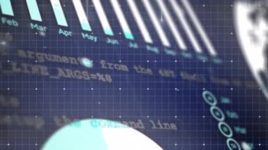 Animation of financial graphs, world map and data in navy digital space. Business, finance, network, digital interface and technology concept digitally generated video.