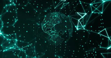 Animation of network of digital connections over spinning globe. Global connections, digital world and digital interface concept digitally generated video.