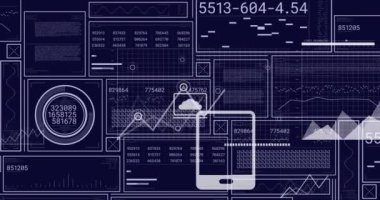 Siyah arkaplan üzerinde veri işleme animasyonu. Küresel iş, bilgisayar ve dijital arayüz kavramı dijital olarak oluşturulmuş video.