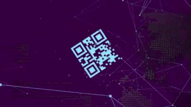 QR kodunun bağlantıları, dünya ve menekşe arkaplanı üzerinden canlandırılması. Ağ, bilgisayarlar, iletişim ve teknoloji konsepti dijital olarak oluşturulmuş video.