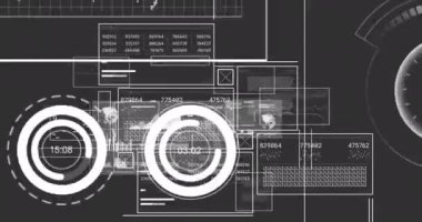 Siyah arkaplanda veri işleme animasyonu. Küresel iş, bilgisayar ve dijital arayüz kavramı dijital olarak oluşturulmuş video.