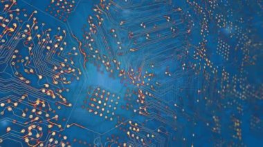 Animation of integrated circuit over blue background. Network, connections and technology concept digitally generated video.
