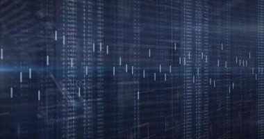 Siyah zemin üzerinde mavi ışık ile grafik ve veri işleme animasyonu. Küresel iletişim, iş, veri ve dijital arayüz kavramı dijital olarak oluşturulmuş video.