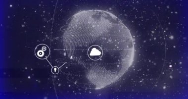 Dönen dünya üzerindeki dijital simgelerin ve bağlantıların animasyonu. Küresel bağlantılar, dijital dünya ve dijital arayüz konsepti dijital olarak oluşturulmuş video.