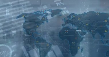 Animation of world map and data processing over charts on interface screen. Global communication, business, data and digital interface concept digitally generated video.