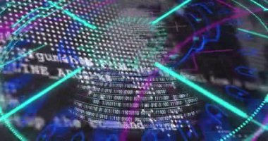 Animation of scope scanning over data processing on black background. Global business, computing and digital interface concept digitally generated video.