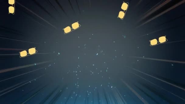 Animation Sunglasses Falling Confetti Strobing Lights Dark Background Celebration Entertainment — ストック動画
