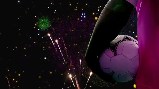 Animation Caucasian Male Soccer Player Football Fireworks Global Sport Patriotism — Stok video