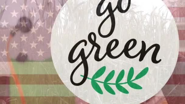 Animation Green Text Logo Flag America Man Using Phone Countryside — 图库视频影像