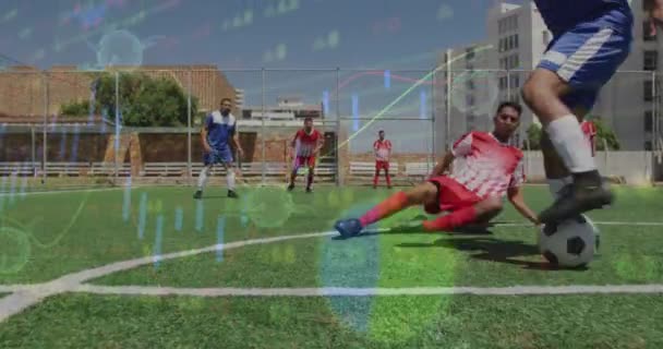 Animatie Van Interface Verwerking Van Gegevens Diverse Mannelijke Voetballers Spelen — Stockvideo