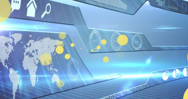 Donanma dijital ekranında sarı noktalar, grafikler ve çeşitli veri işleme resimleri. Veri işleme, ağ, dijital ekran ve teknoloji konsepti dijital olarak oluşturulmuş görüntü.