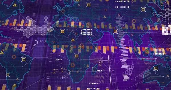 Image of financial data processing over world map. Global science, connections, data processing and digital interface concept digitally generated image.