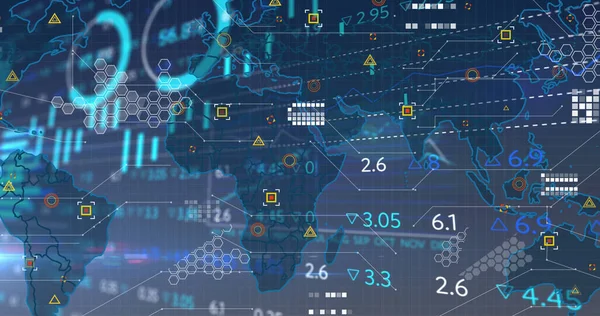 Afbeelding Van Financiële Gegevensverwerking Wereldkaart Mondiale Wetenschap Verbindingen Gegevensverwerking Digitaal — Stockfoto