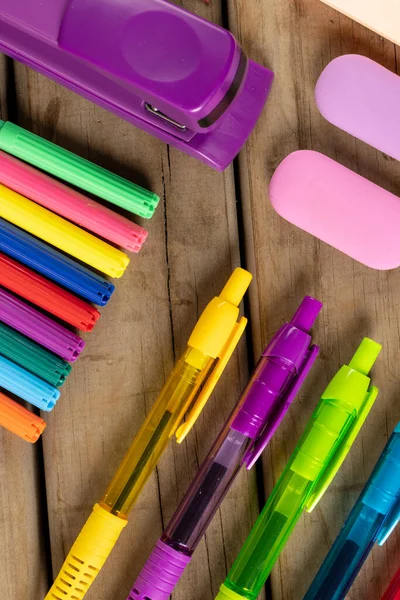 Vertical Composition Colorful Crayons Pens Markers Other School Tools Wooden — Stockfoto