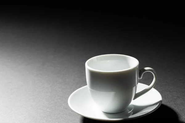 Image Empty White Coffee Cup Plate Black Background Coffee Refreshment — Zdjęcie stockowe
