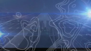 Güneş panelleri ve rüzgar türbinleri üzerindeki bağlantı ağı ve beyaz çizgilerin animasyonu. Dijital olarak oluşturulmuş küresel bağlantılar, bilgisayar ve dijital arayüz kavramı.