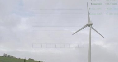 Kırsal kesimde rüzgar türbini üzerinden finansal veri işleme animasyonu. Küresel çevre, yeşil enerji ve sürdürülebilirlik kavramı dijital olarak oluşturulmuş video.