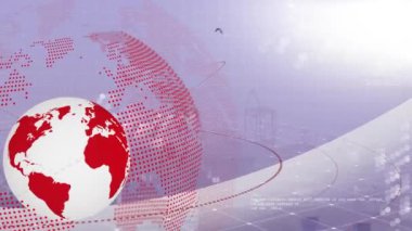 Şehir manzarası üzerindeki veri işleme ve küre animasyonu. Küresel iş, bilgisayar ve dijital arayüz kavramı dijital olarak oluşturulmuş video.