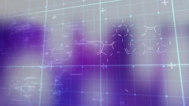 Animation of chemical formulas over white and violet digital space. Science, chemistry, digital screen and technology concept digitally generated video.