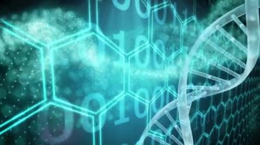 Animation of dna strand and data processing over black background. Global business, computing and digital interface concept digitally generated video.