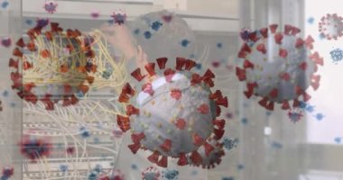 Animation of covid cells and warning text over businesswoman on laptop video call. Global covid pandemic medicine and healthcare services concept digitally generated video.