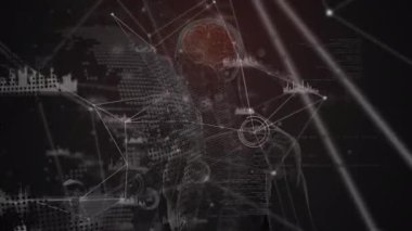 Animation of connections, globe and human model on black background. Connections, communication, network, data processing and technology concept digitally generated video.