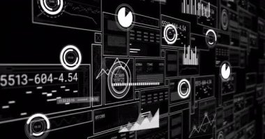 Siyah arkaplanda veri işleme animasyonu. Küresel iş, bilgisayar ve dijital arayüz kavramı dijital olarak oluşturulmuş video.