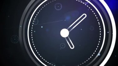 Siyah arkaplandaki saatle bağlantıların animasyonu. Ağ, bağlantılar ve zaman kavramı dijital olarak oluşturulmuş video.
