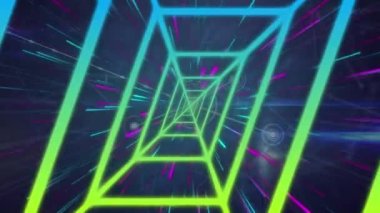 Animation of network of connections and tunnel made of green and blue lines over navy digital space. Network, connections, communication and technology concept digitally generated video.