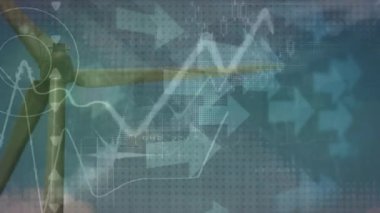 Veri işleme ve rüzgar türbininin üzerindeki okların animasyonu. Küresel iş, bilgisayar ve dijital arayüz kavramı dijital olarak oluşturulmuş video.