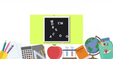 Okul eşyalarının ikonları üzerinden okula hoş geldin mesajı animasyonu. Okula ve eğitim konseptine dönüş.