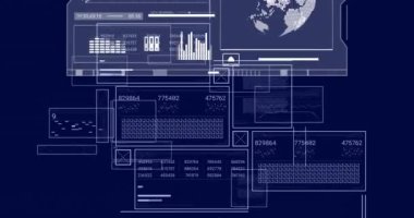 Siyah arkaplan üzerinde dünya ile veri işleme animasyonu. Küresel iş, bilgisayar ve dijital arayüz kavramı dijital olarak oluşturulmuş video.