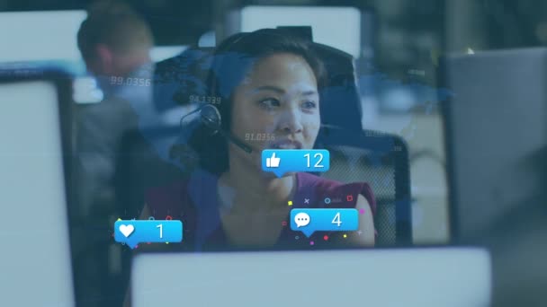 Animation Data Processing Social Media Icons Asian Businesswoman Using Phone — 图库视频影像