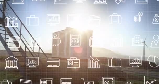 Animation Falling Icons Windmill Energy Power Fuel Technology Digital Interface — Αρχείο Βίντεο