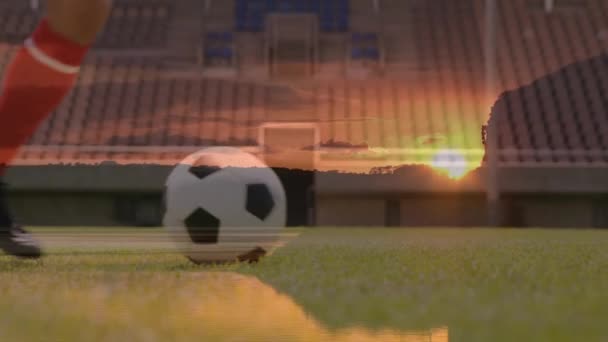 Animation Landscape Caucasian Soccer Player Playing Football Global Sport Patriotism — Αρχείο Βίντεο