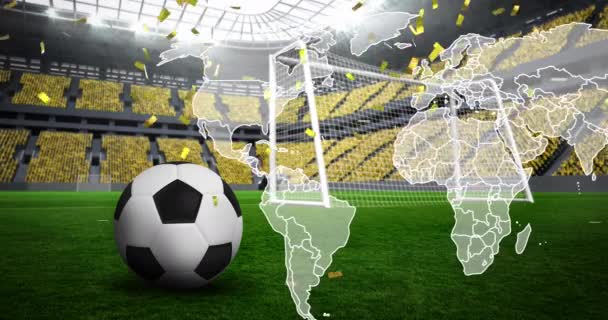 Animation Falling Gold Confetti Football Ball World Map World Cup — Stok video
