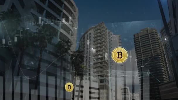 Animation Financial Data Processing Bitcoin Sings Cityscape Global Science Connections — Vídeo de stock