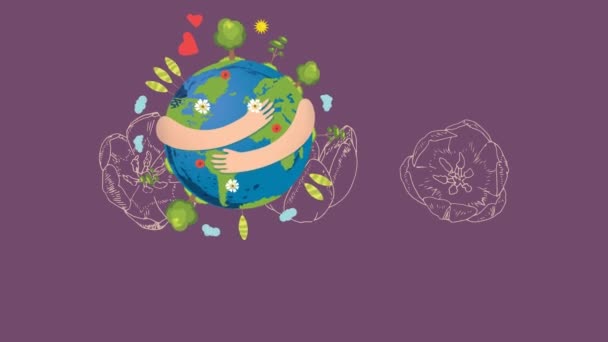 Animatie Van Wereldbol Met Handen Bloemen Paarse Achtergrond Mondiale Wetenschap — Stockvideo