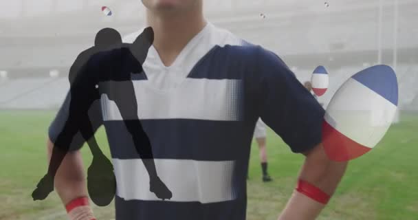 Animacja Piłki Nożnej Flagami Francji Spadające Białego Gracza Rugby Mężczyzn — Wideo stockowe