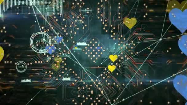 Animation Connections Integrated Circuit Blue Yellow Hearts Black Background Global — Stockvideo