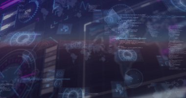 Siyah arkaplan üzerinde veri işleme resmi. küresel iş ve dijital arayüz kavramı dijital olarak oluşturulmuş görüntü.