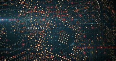 Siyah üzerinde yüzen mor bilgisayar sarı ve pembe ışığın görüntüsü. Bilimsel insan genetiği ve teknoloji konsepti dijital olarak oluşturulmuş görüntü.