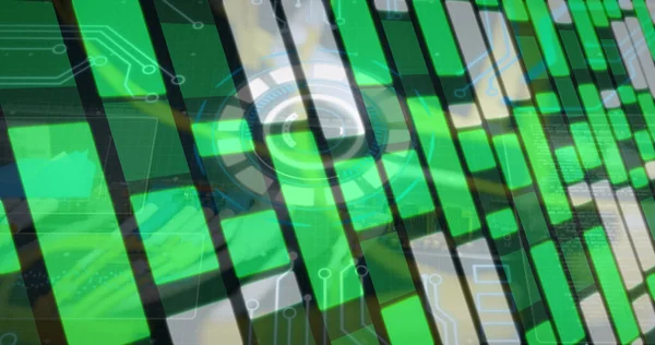 Image of processing circle and integrated circuit over background with green rectangle lights. Global data processing, network, connections and technology concept digitally generated image.