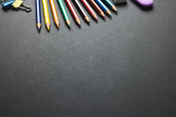 Composition Colorful Crayons School Items Black Surface Copy Space School — Stok fotoğraf