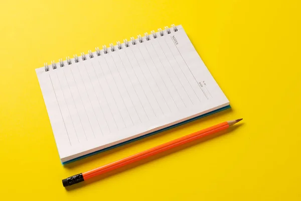 Composition Notebook Copy Space Pencil Yellow Surface School Equipment Tools — Zdjęcie stockowe