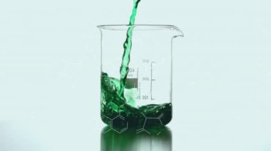 Animation of chemical formulas over green liquid pouring into lab glass on blue background. Science, chemistry and laboratory concept digitally generated video.