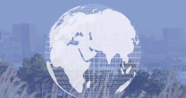 Şehir manzarası üzerindeki dünyanın animasyonu. Küresel iş, bilgisayar ve dijital arayüz kavramı dijital olarak oluşturulmuş video.