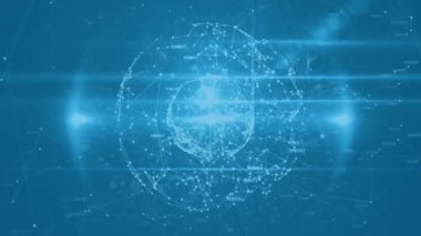 Mavi arka planda medya simgelerinin ve kürenin canlandırılması. Küresel iş ve dijital arayüz kavramı dijital olarak oluşturulmuş video.